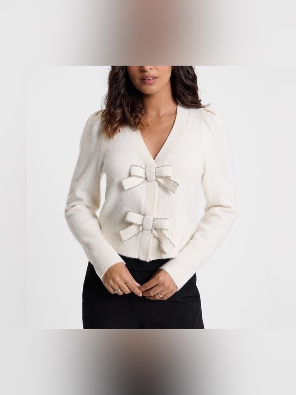 Express Cream V-Neck Sweater with Decorative Bows